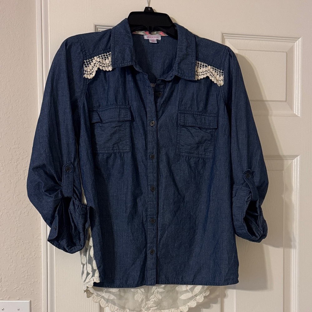 xhilaration Denim Button-Up Shirt with Lace Accents